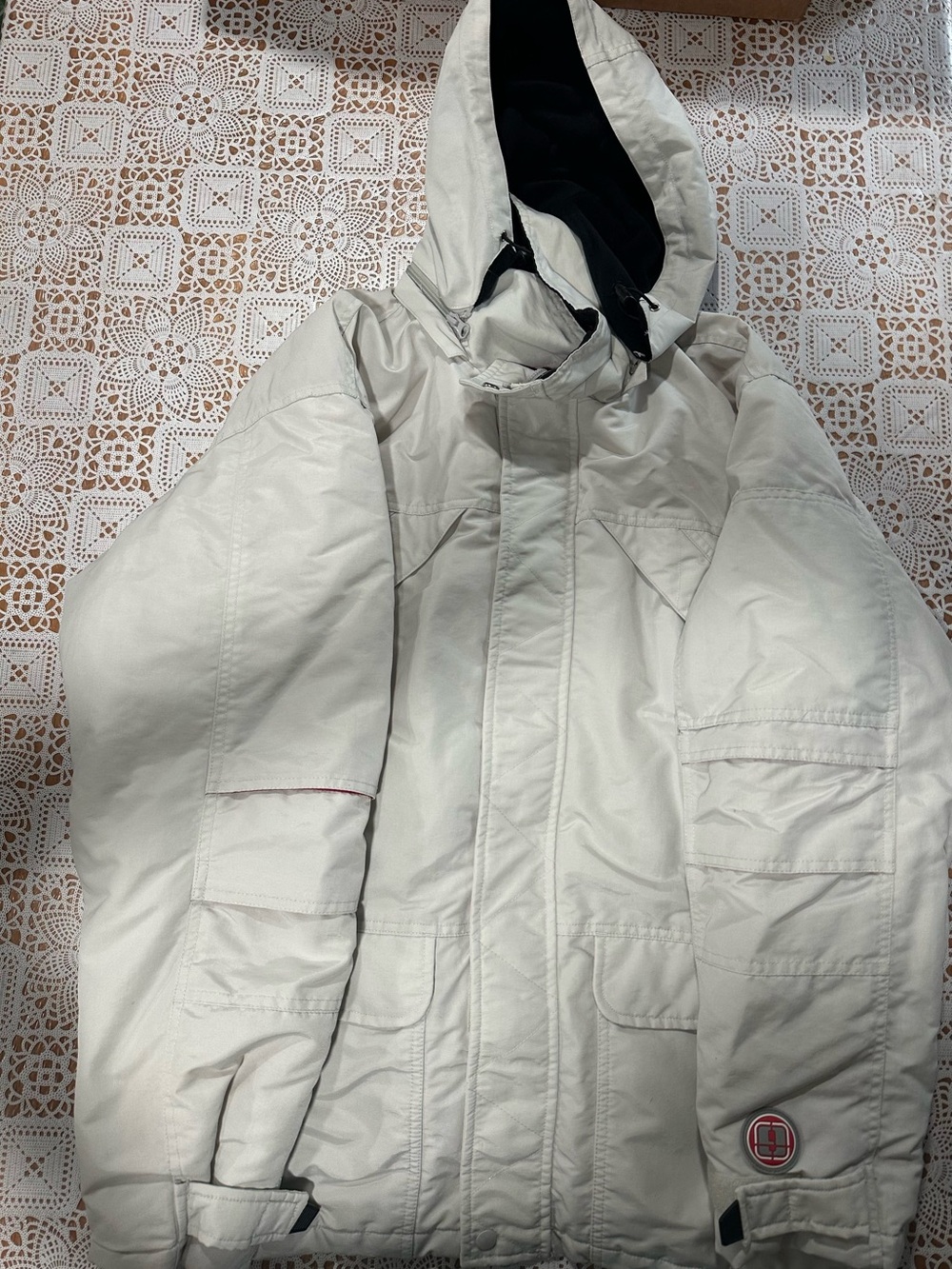 Y2K Transnine XL Snowboard Ski Jacket Cream Red Hooded Cargo